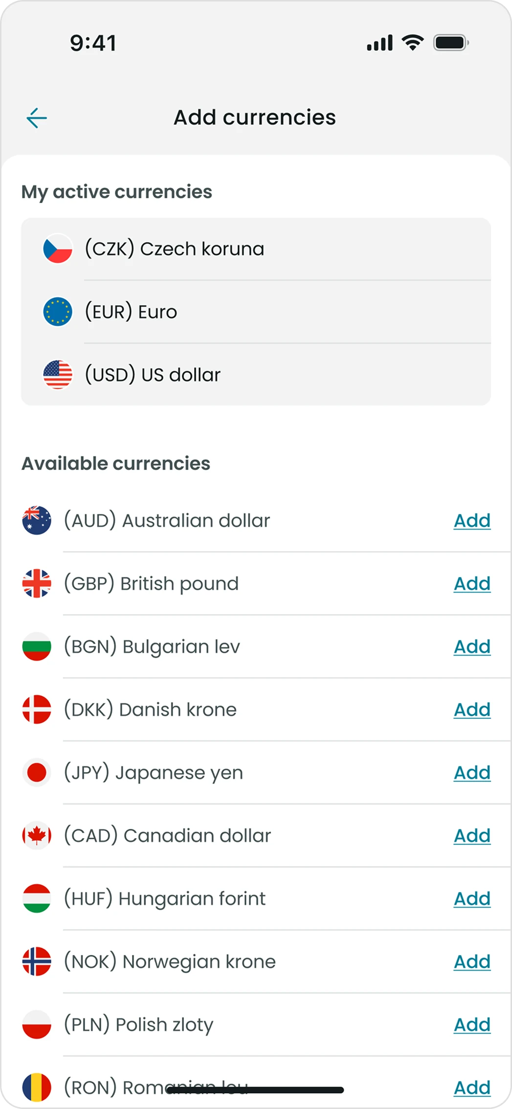 Add currencies screen