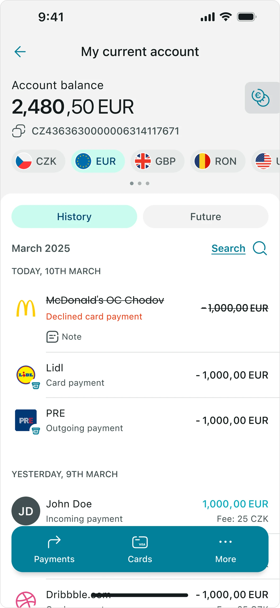 Account detail with currency chips