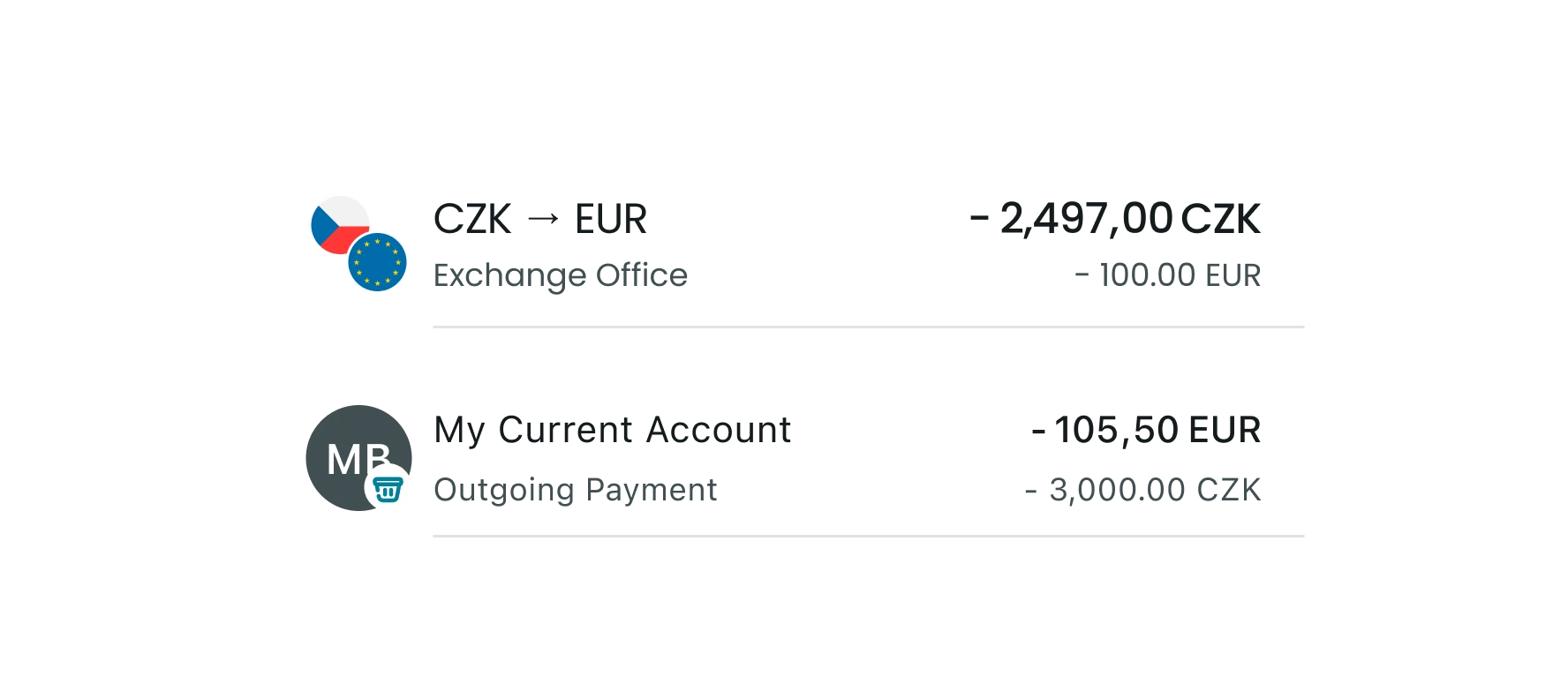 Two transaction rows, one with currency flags and one simplified
