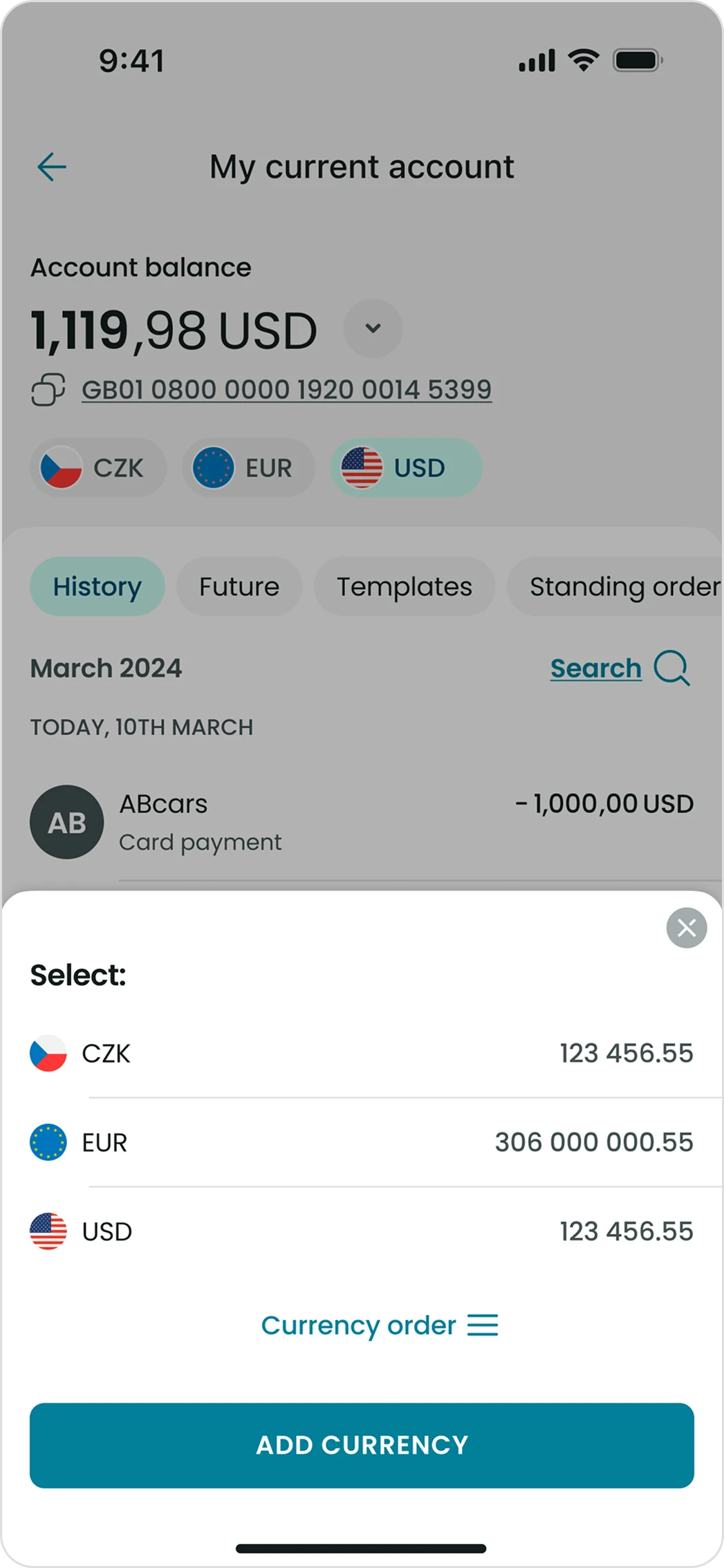 My current account with the currency selection sheet