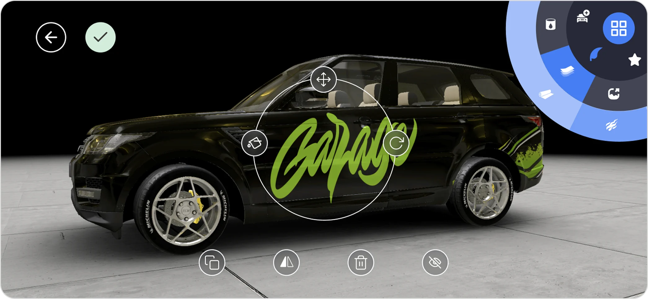 Car configurator with a radial menu and a bottom rail of modification controls