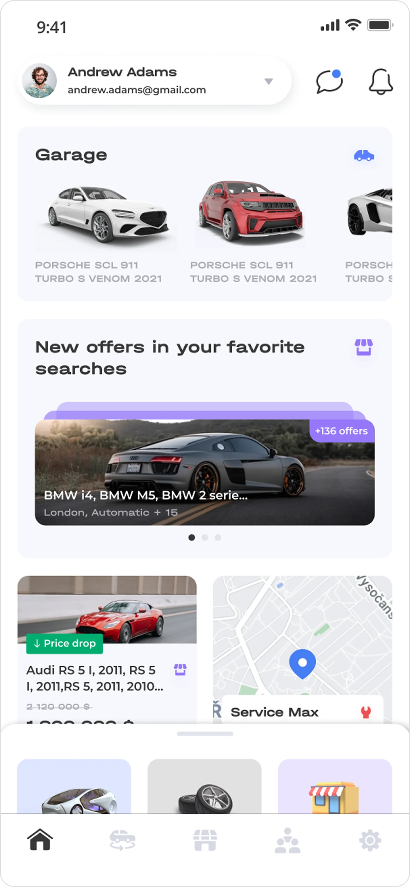 Configurable home screen with Garage, favourite searches and map widgets