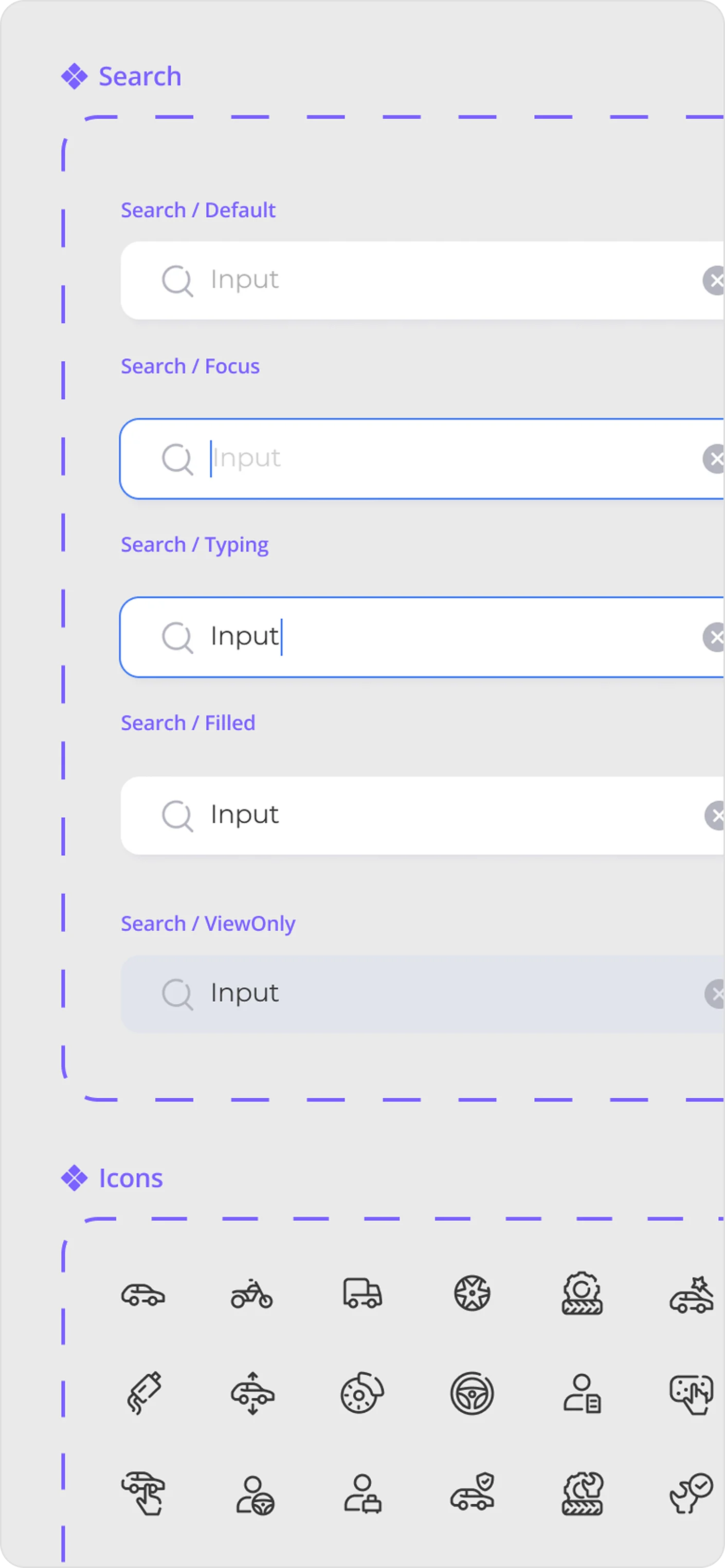 Design system page with search field states and the icon set