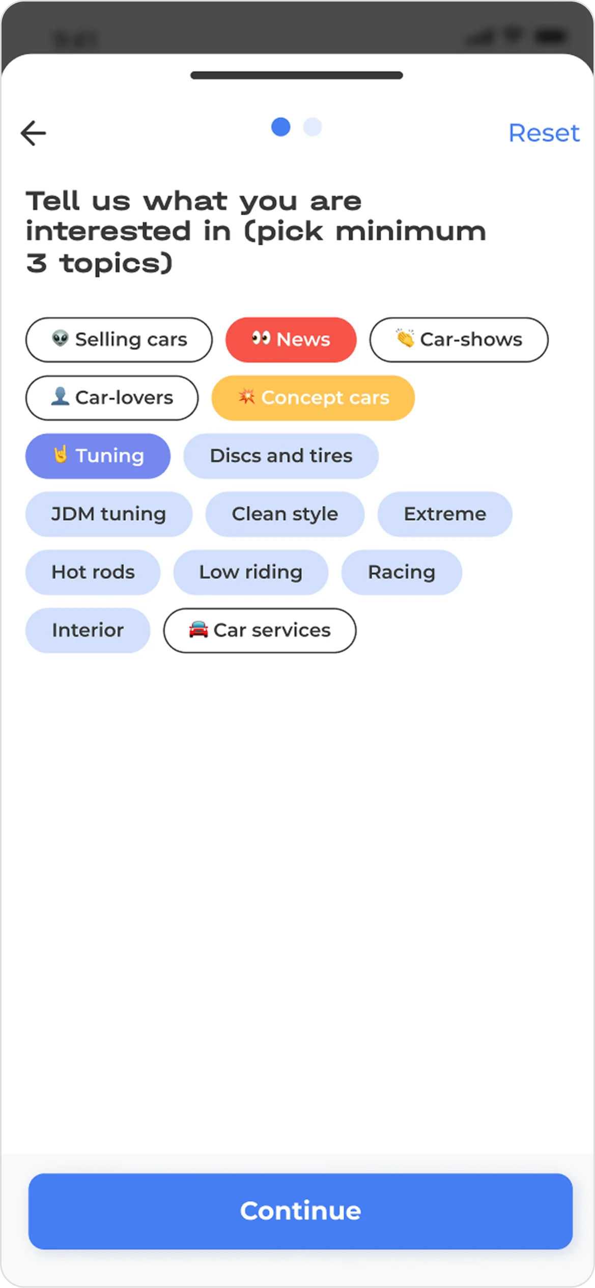 Onboarding screen asking the user to pick at least three automotive interests