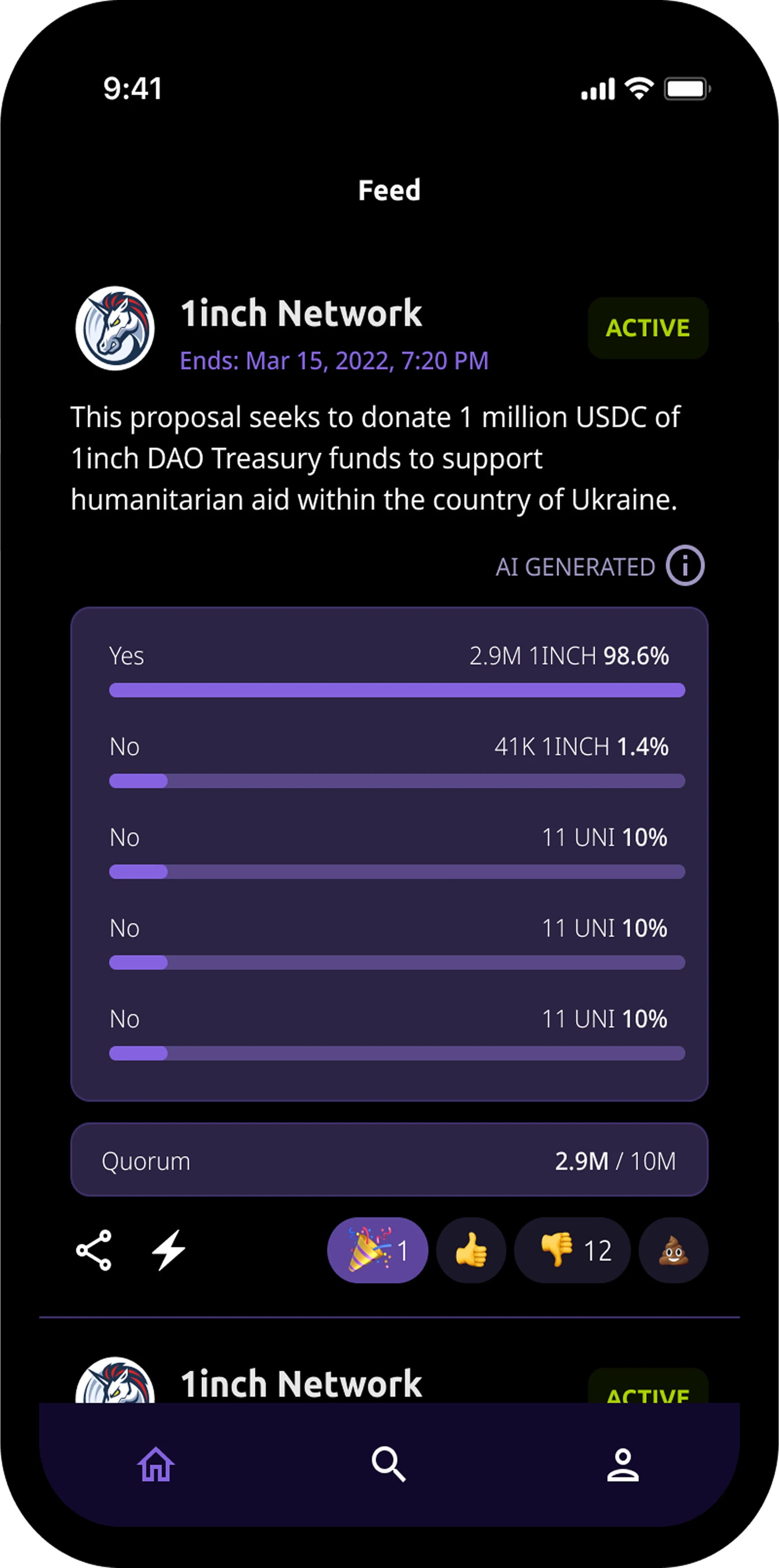 Feed with an AI-summarised proposal