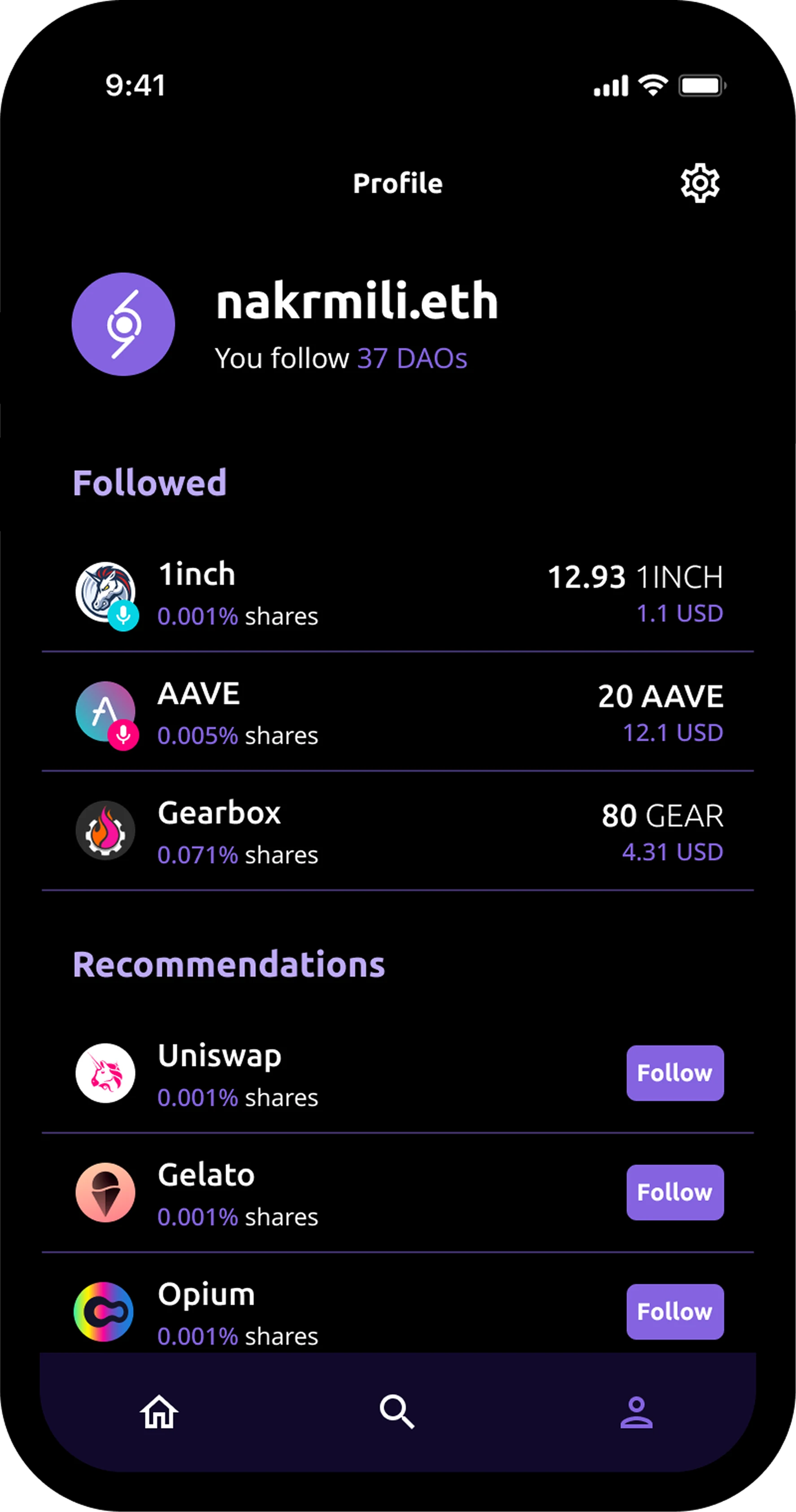 Profile with followed DAOs and recommendations